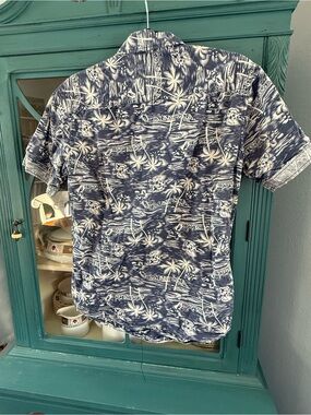 Boys Navy Hawaiian Button-Down Shirt - Tropical Print